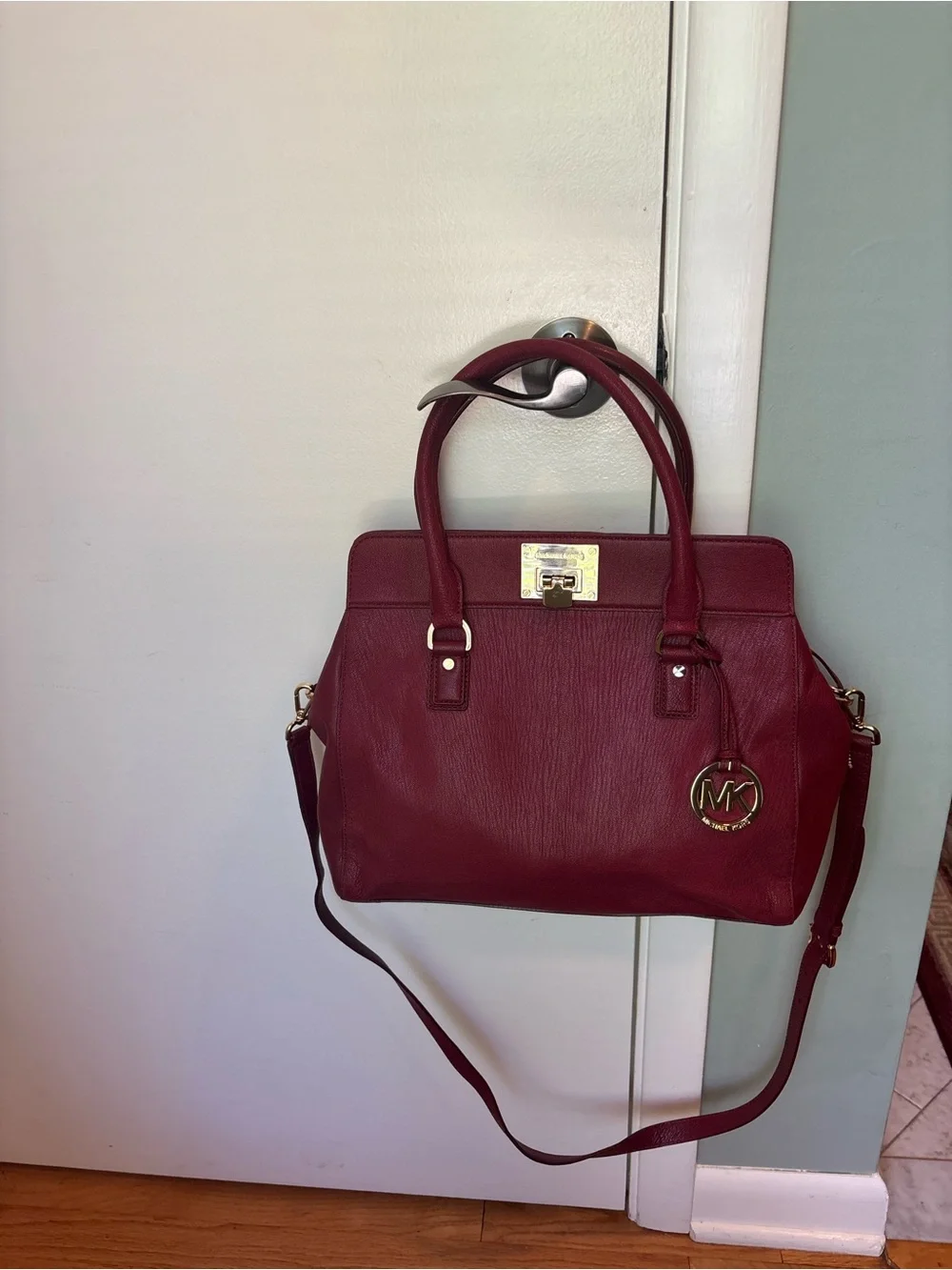 Michael Kors Wine Red Leather Satchel with Gold Hardware